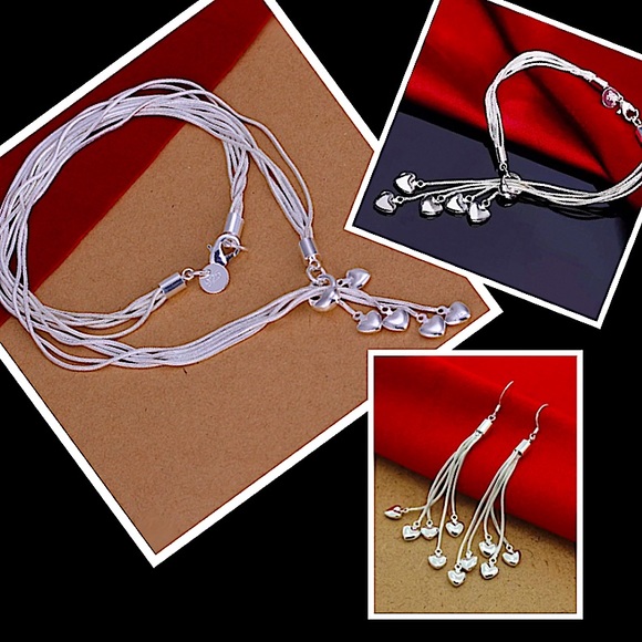 STERLING SILVER HEART NECKLACE BRACELET EARRINGS SET